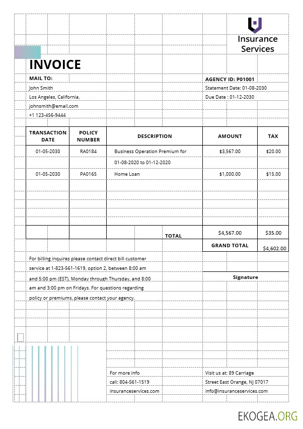 Modèle de facture d'agence d'assurance